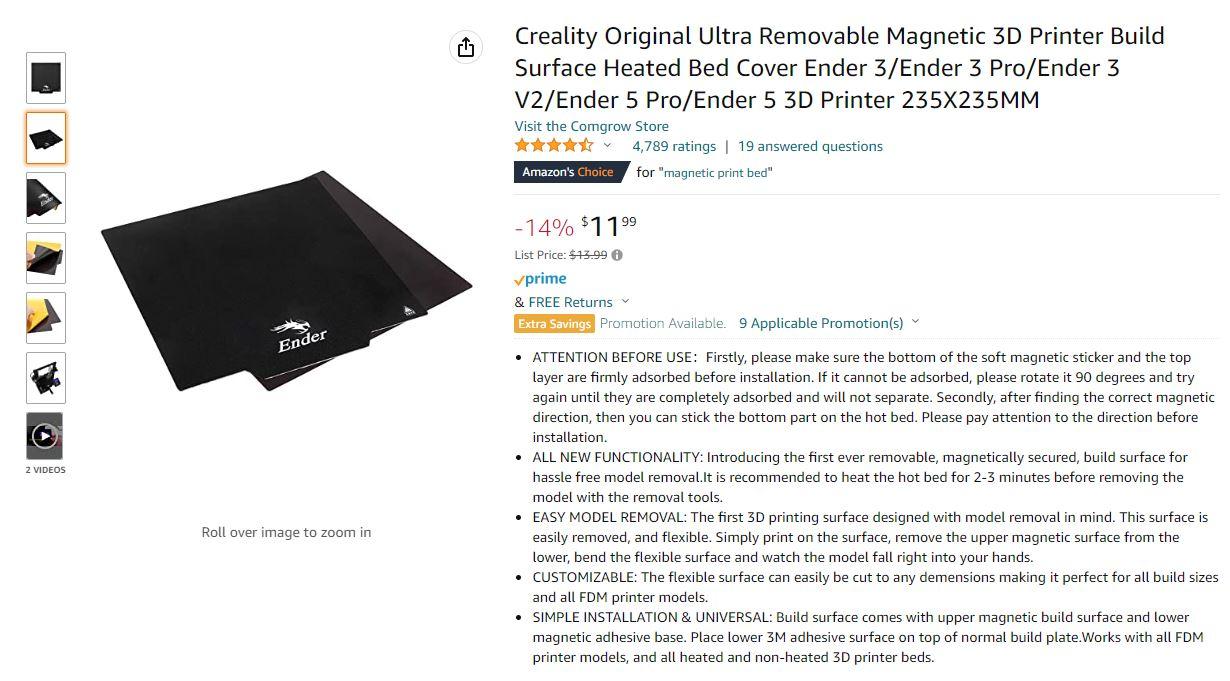 Magnetic print bed for Ender 3 listing on Amazon.com