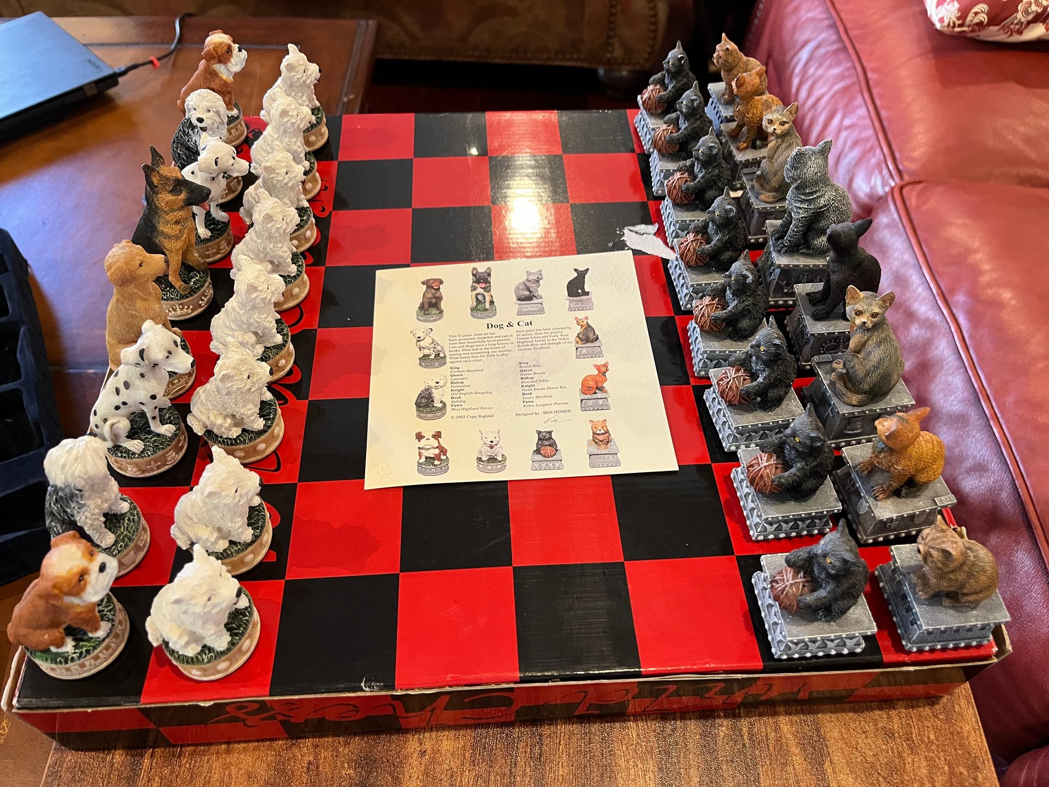 Cats and Dogs chess pieces on original container.