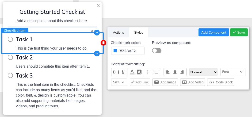 Checklist item block alongside toolbar for styles.