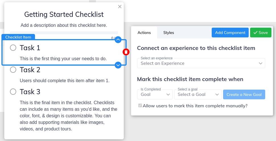 Actions toolbar tab for checklist item block.