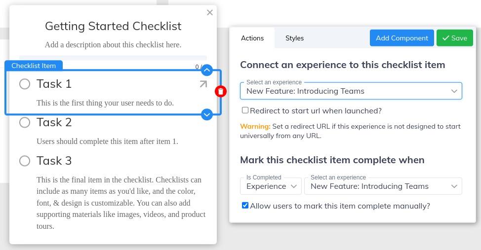 Selecting a workflow experience to link to checklist item.
