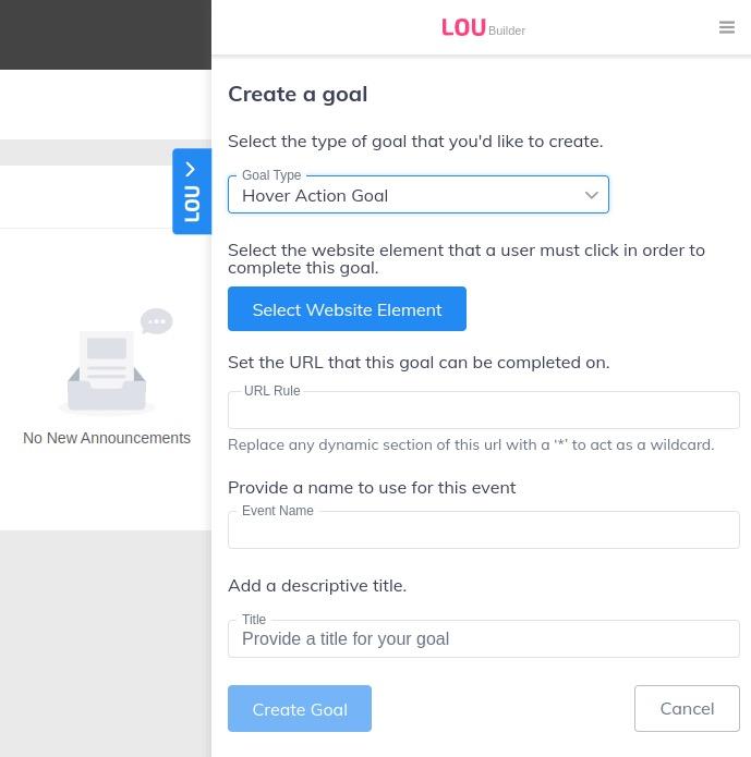 Goal page form for creating a Hover Action Goal.