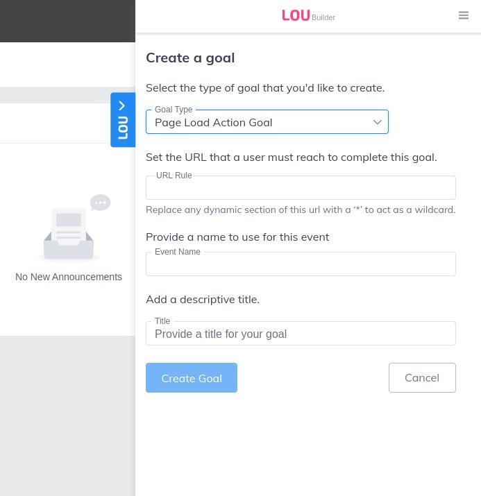 Goal page form for creating a Page Load Action Goal.